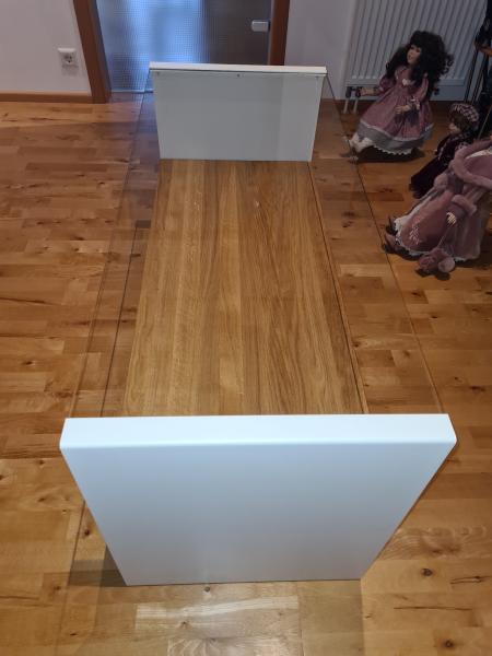 Couchtisch mit Glasplatte und Massivholzplatte Wildeiche