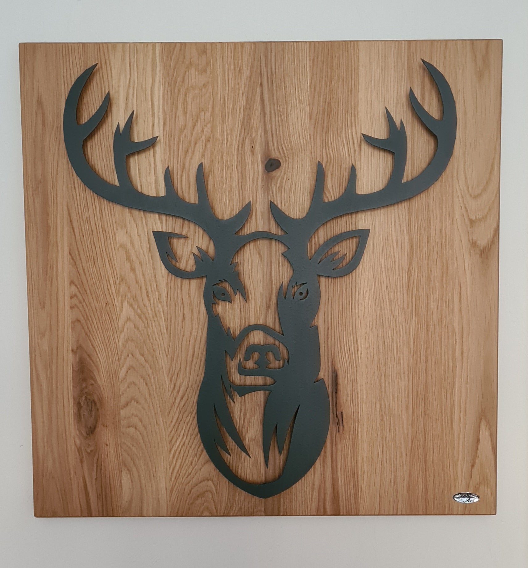 Wandbild Hirsch- Massivholzplatte Wildeiche