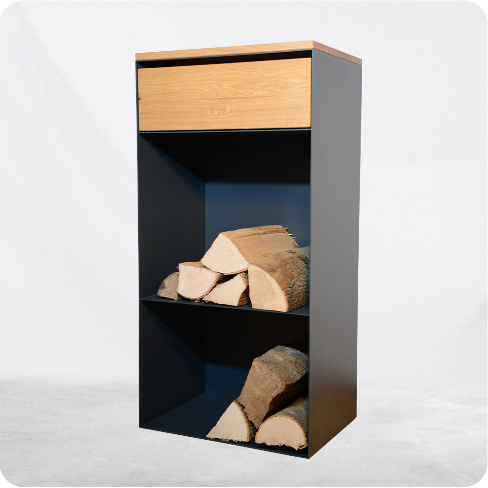 Kaminholzregal mit Schublade aus 3 mm Stahl pulverbeschichtet, Massivholz