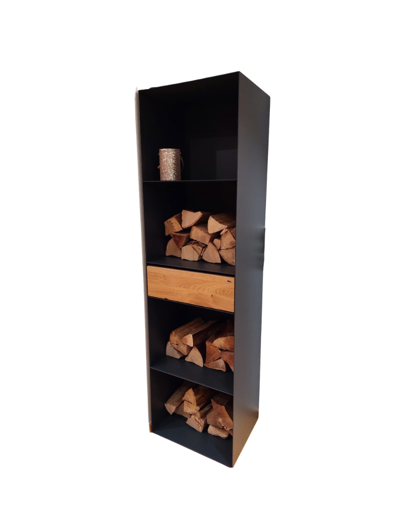 Kaminholzregal mit Schublade in Massivholz Wildeiche